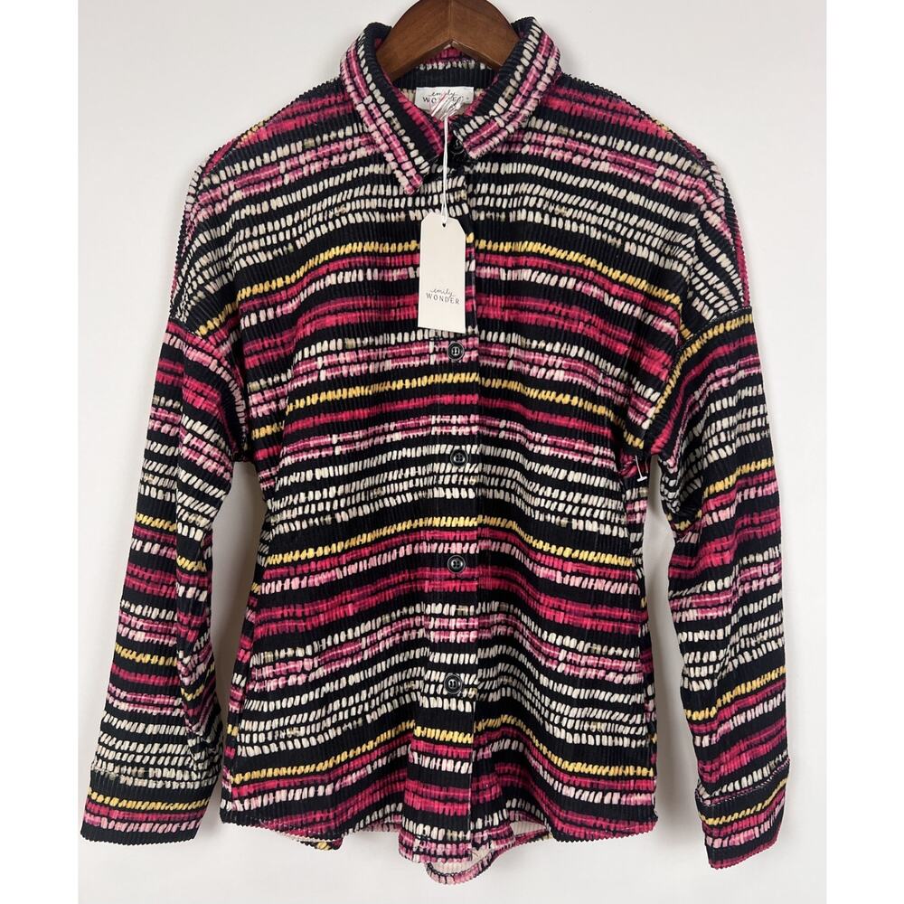 Emily Wonder Boho retro Multicolor Ribbed Button up Shirt S Long Sleeve